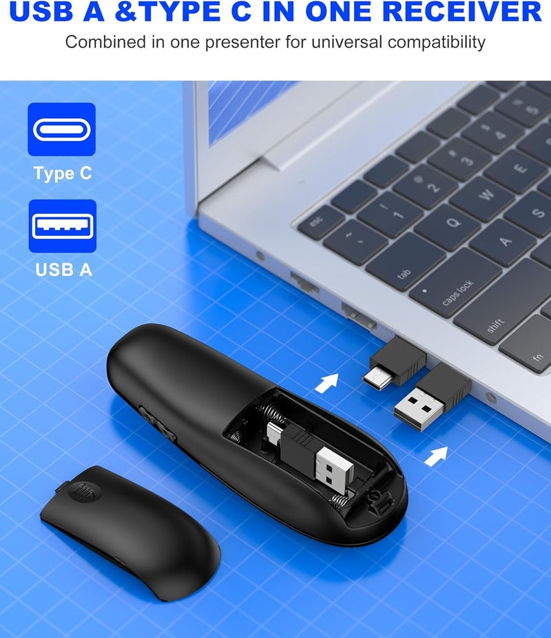 DinoFire جهاز عرض لاسلكي USB Type C، جهاز تحكم عن بُعد مزدوج الوضع BT&RF 2.4GHz لعرض PowerPoint متوافق مع أجهزة الكمبيوتر المحمولة وأجهزة الكمبيوتر المكتبية المدعومة بتقنية Bluetooth - Image 2